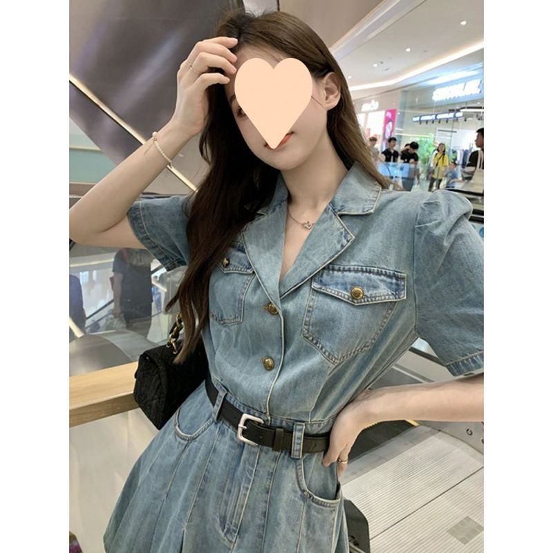 Abito da donna in denim con colletto a pieghe, estivo, in stile francese, con piccole fragranze, che stringe la vita e snellisce._voghion.com