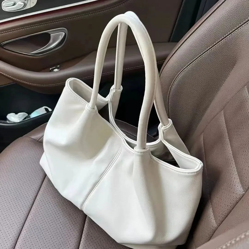 Simple White Shoulder 2023 Women's PU Leather Soft Underarm Tote School Large Capacity Bag Full Student Shopping Handbag_voghion.com