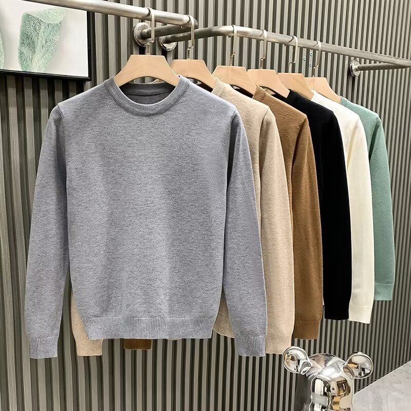 Pull col rond pour homme - Pull décontracté en tricot uni, coupe ajustée, respirant et extensible, polyvalent au quotidien (plusieurs couleurs et tailles)_voghion.com