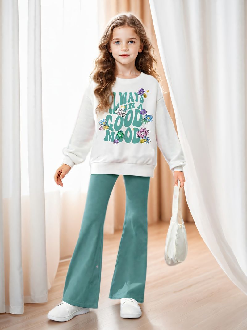 Mamm & Kanner INS Meedercher Meedercher Blummen- a Sloganmuster Pullover mat ofgeklappter Schëller an ausgeklappter Hosen Zwee-Stéck-Set_voghion.com