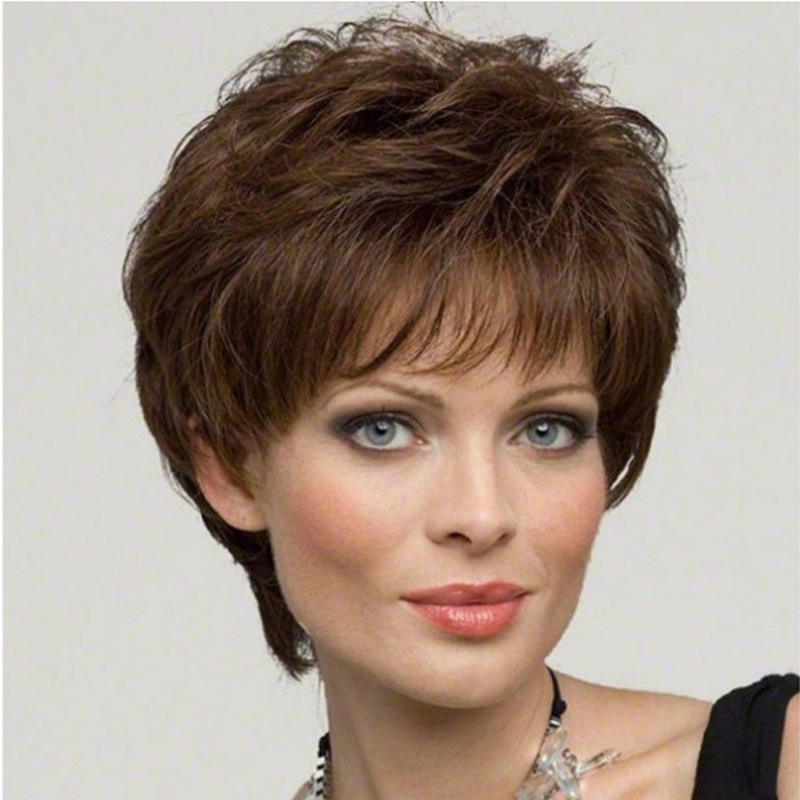 Parrucca sintetica Parrucca con copertura superiore della testa, capelli corti ricci marroni, micro arricciati, da donna alla moda_voghion.com