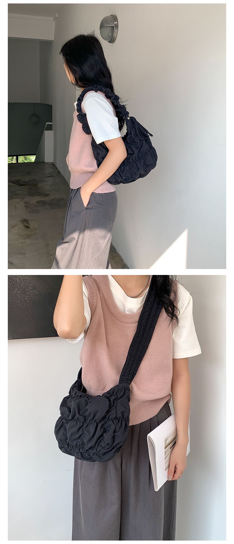 Faltbare Puff Clouds Einfarbige Mode Schulter Freizeit Große Kapazität Nylon Knödel Tasche_voghion.com