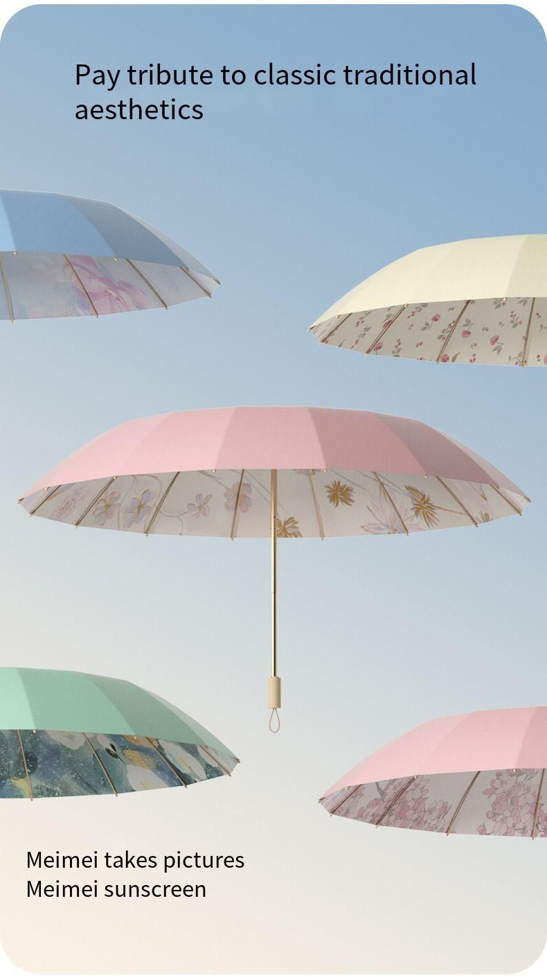 Ombrello pieghevole da donna a 16 stecche, doppio uso per sole, pioggia, protezione UV, parasole rinforzato e ispessito_voghion.com