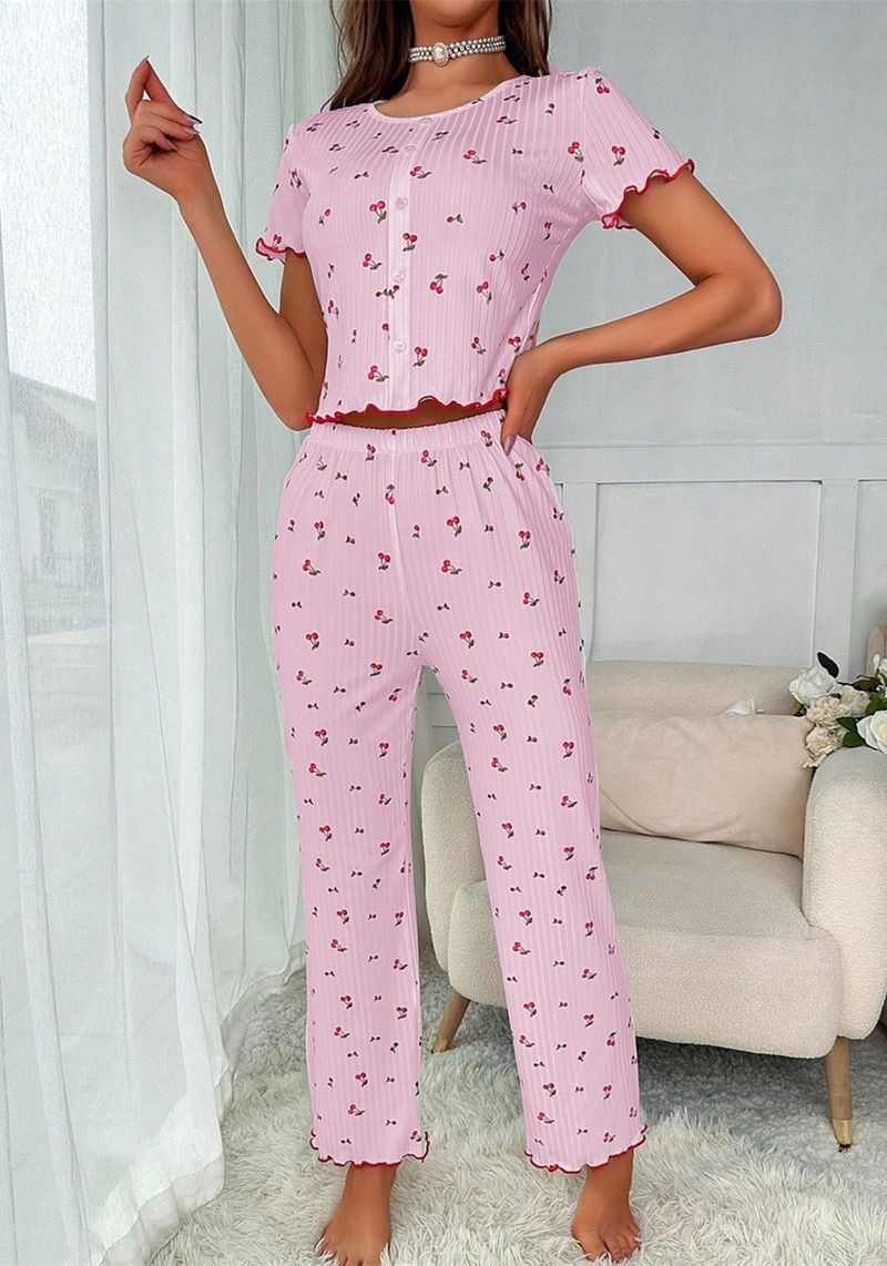 Pajamas Short-sleeved Trousers Set Women's Loungewear,Cherry Pattern Fungus Edge Front Button_voghion.com