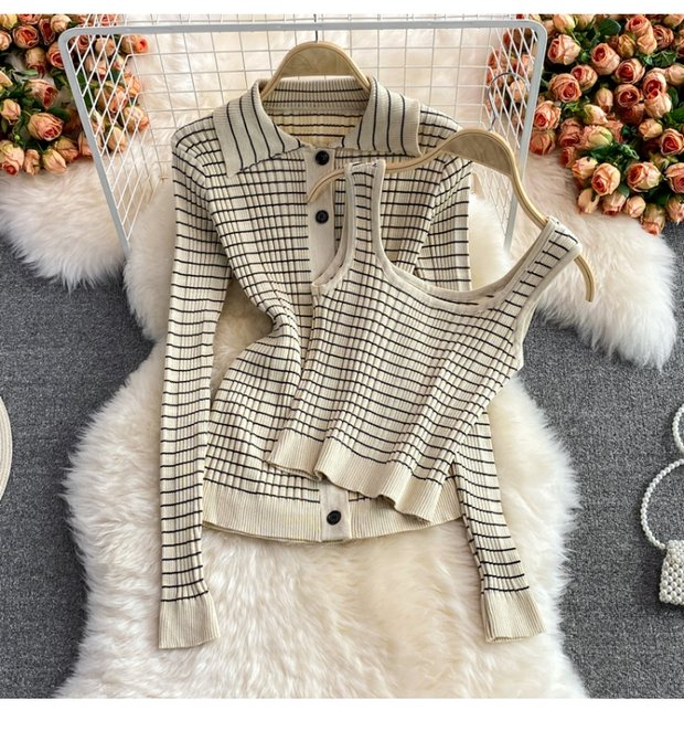 Women's fashion sleeveless vest three-piece high-waisted striped hip wrap skirt_voghion.com