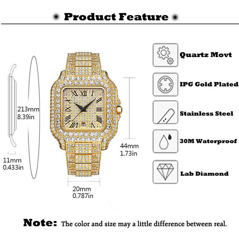 Men's Fashion Square Watch With Full Diamond Accents, Roman Numerals, And Quartz Movement - Waterproof, Stainless Steel Band, Mineral Glass_voghion.com