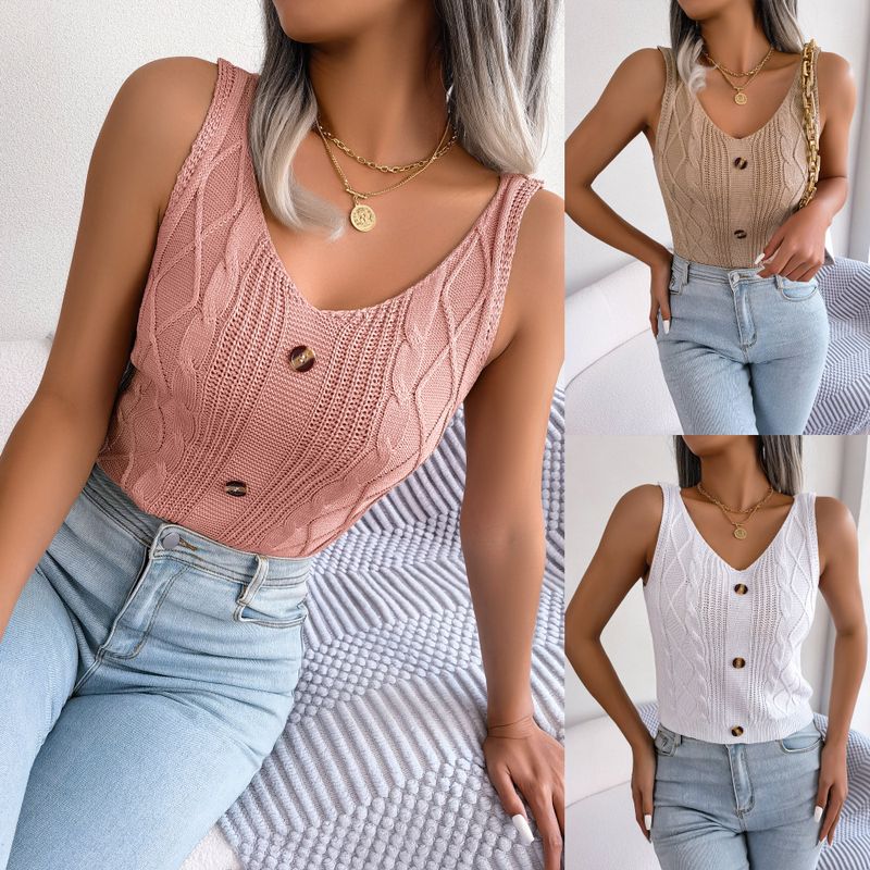 Maglia da donna casual con scollo a V, intrecciata e bottoni, stile Ins, primavera estate_voghion.com