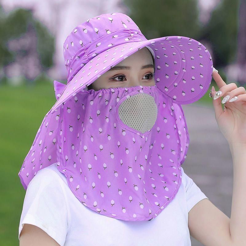 UV Protection Tea Picking Cycling Women's Face Covering Breathable Wide Brim Summer Mask Versatile Cool Sun Hat Travel_voghion.com