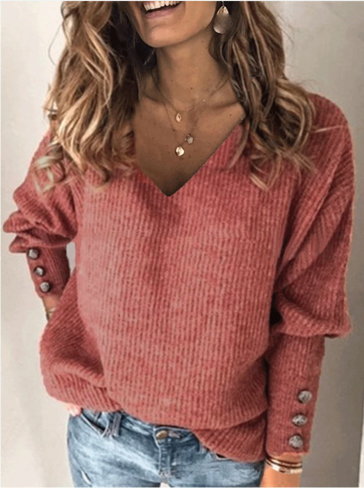 Women's loose T-shirt solid color V-neck sweater top woman_voghion.com
