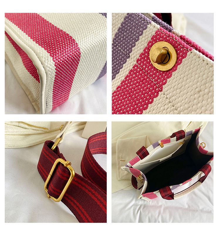 Borsa tote da donna, borsa tote a mano alla moda a righe da donna, borsa a tracolla monospalla in tela color-block di grande capacità_voghion.com
