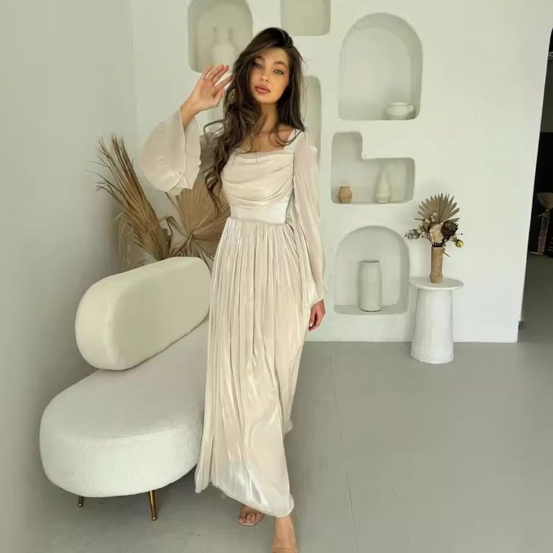 Abbigliamento donna autunno nuovo abito plissettato a maniche lunghe retrò francese con collo quadrato quadrato_voghion.com