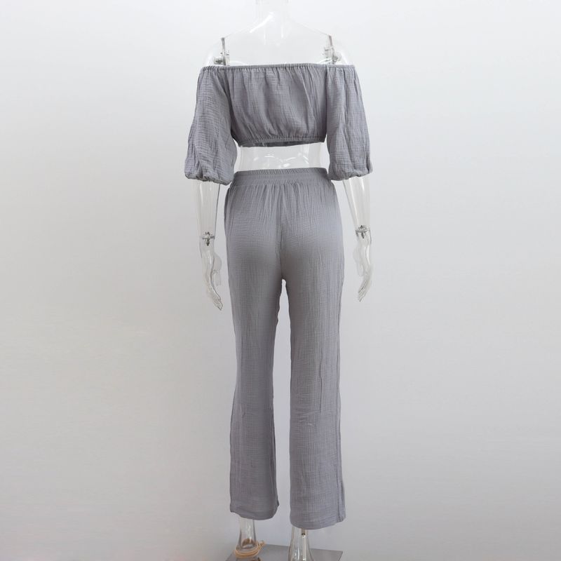 Damen-Knitterstoff aus reiner Baumwolle, einfarbig, kurzärmliges Oberteil mit Kragen, Hose mit hoher Taille und weitem Bein, lässiger Anzug_voghion.com