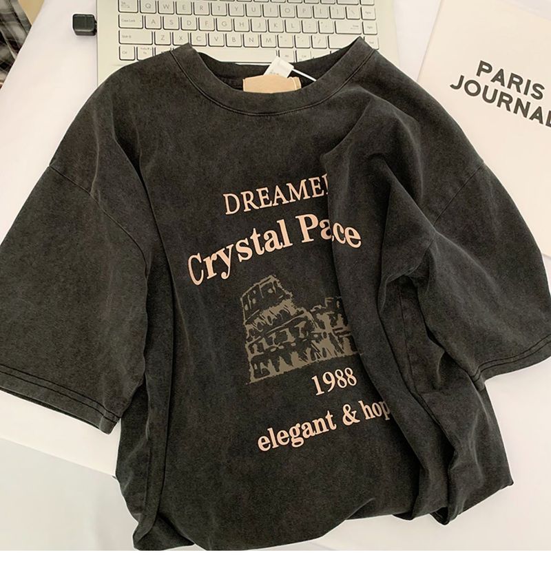 Abbigliamento da donna, maglietta a maniche corte nera in puro cotone con spalle dritte, design estivo, oversize, ampia, per studenti_voghion.com