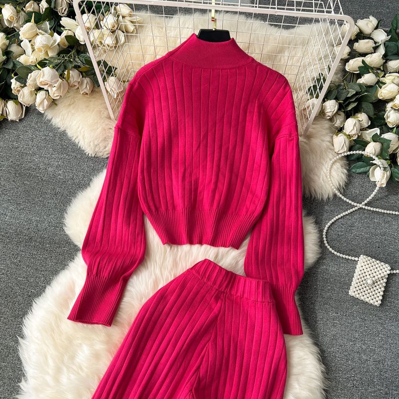 Pull côtelé à col haut pour femme, pantalon large taille haute, style décontracté, costume deux pièces_voghion.com