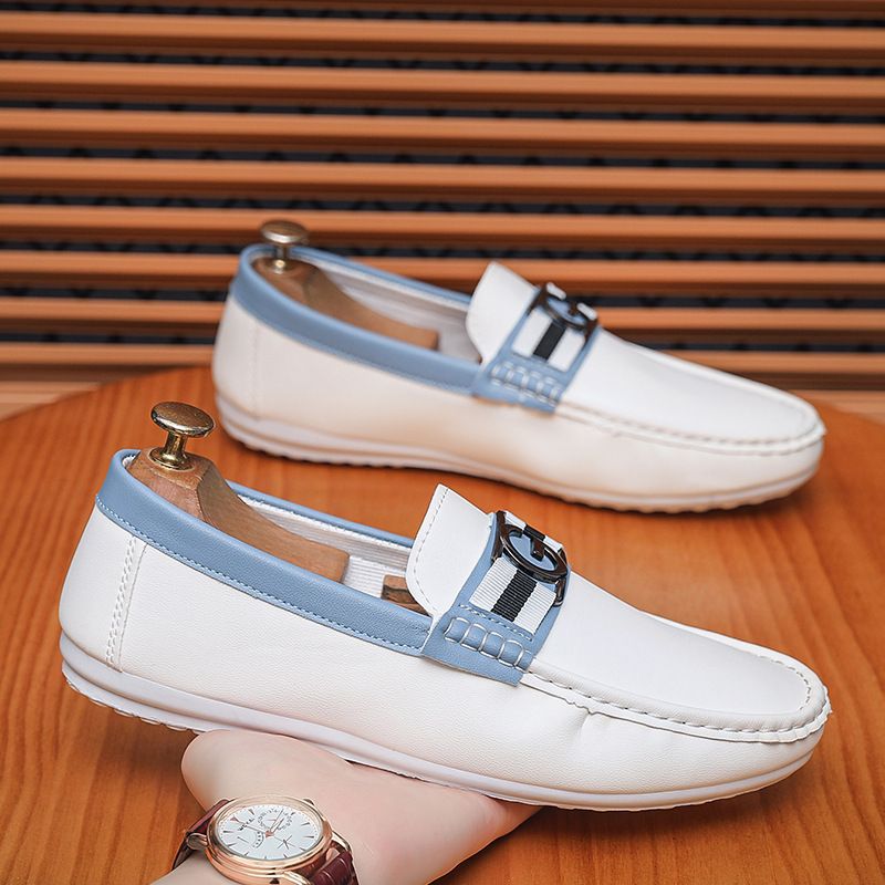 2025 Sommer Herren Trendy Casual Bean Weißes Leder Weicher Boden Bequeme Mode Vielseitige One Step Schuhe 77A1_voghion.com