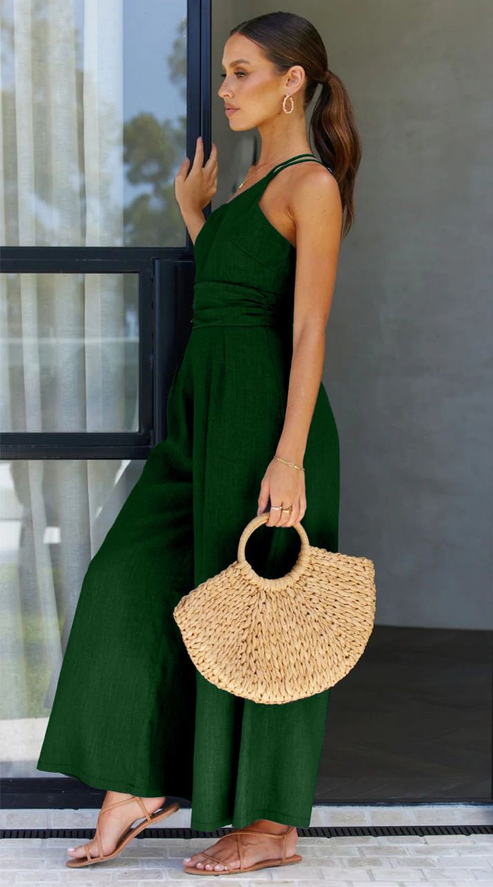 Women's fashion solid color loose wide leg cotton hemp jumpsuit_voghion.com