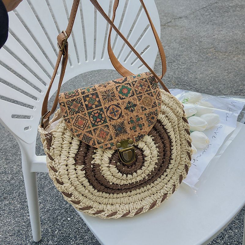 Runde Stroh Strandtasche Vintage handgefertigt gewebt Schultertaschen Bast Kreis Rattan Bohemian Sommer Urlaub Diagonal Pack_voghion.com