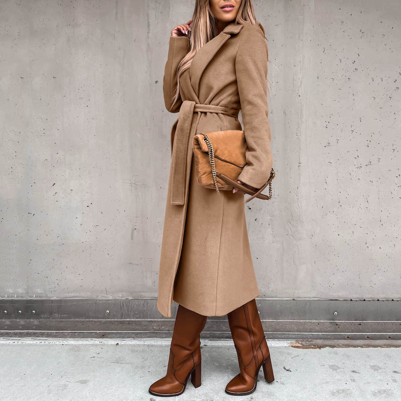 Autumn and winter women's solid color lapel long-sleeved woolen jacket simple strappy windbreaker_voghion.com