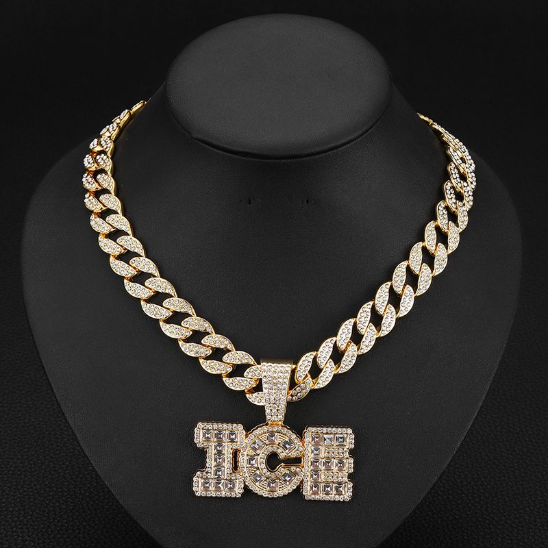 Glass diamond letter ICE pendant niche personality cool men's versatile jewelry watch buckle necklace_voghion.com