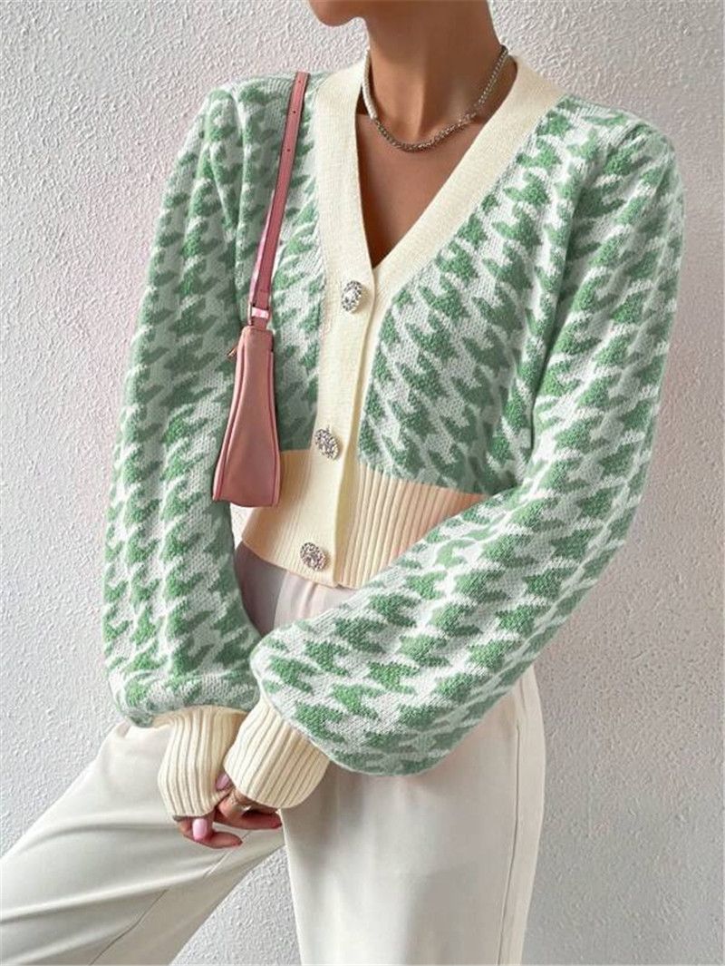 Dameskleding herfst en winter patroon lantaarn mouw gebreide cardigan trui korte jas_voghion.com