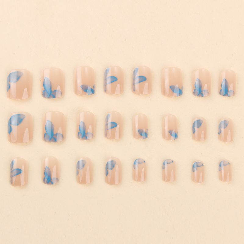 False Nails Wear Short 24 Pieces Of False Nails European Square Simple Small Fresh Blue Butterfly Nail Art Pieces Detachable_voghion.com