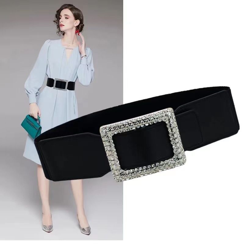Fashion Versatile Square Buckle Wide Belt Decorative Coat Elastic Diamond Waist Seal Women's Elastic Rhinestone Belt Black_voghion.com