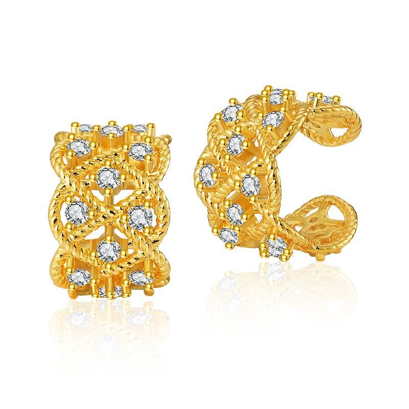 Brass Plated K Real Gold Fashionable OL Retro Bone Inlaid With Zircon Exquisite Light Ear Clip Hollow Wide Edge Design_voghion.com