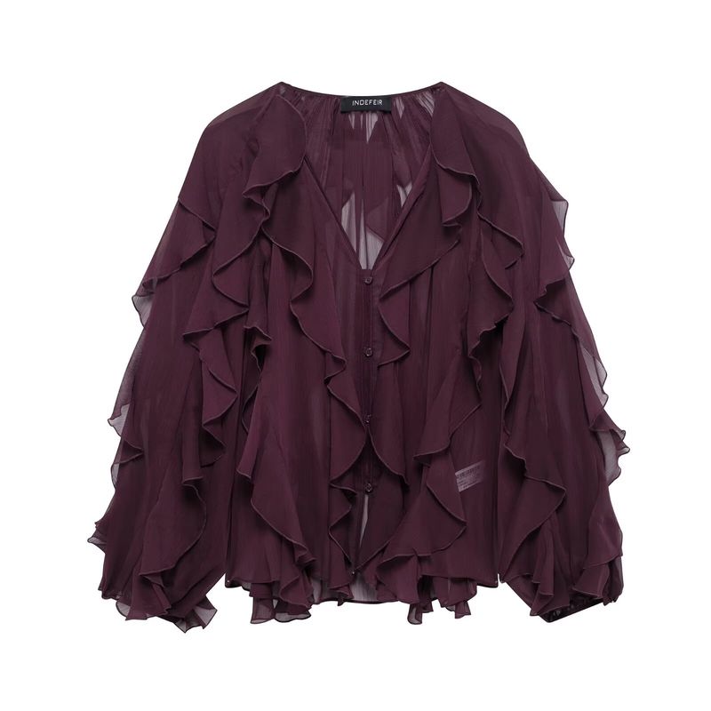 Camicia a tinta unita con decorazioni a strati, stile primaverile, per donna_voghion.com