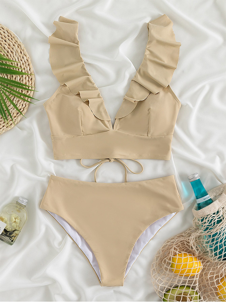 Damenbekleidung Mehrfarbiger Badeanzug mit Rüschen und V-Ausschnitt, geteilt, hohe Taille, geteilter Bikini_voghion.com