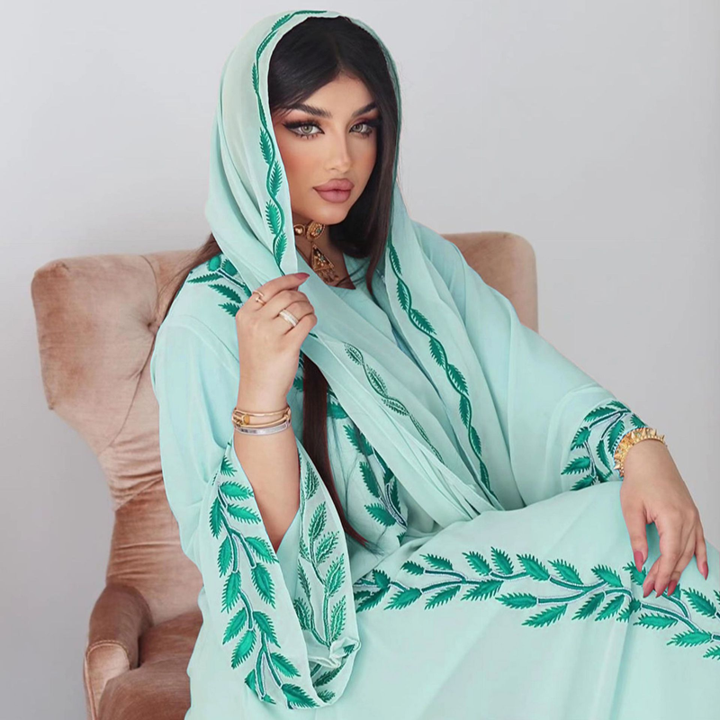 Damenmode Street Chiffon langes muslimisches besticktes rosafarbenes Rundhalskleid mit Hijab_voghion.com