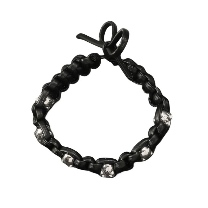 Bracciale in pelle con teschio gotico scuro per uomo, gioiello punk hip-hop unico_voghion.com