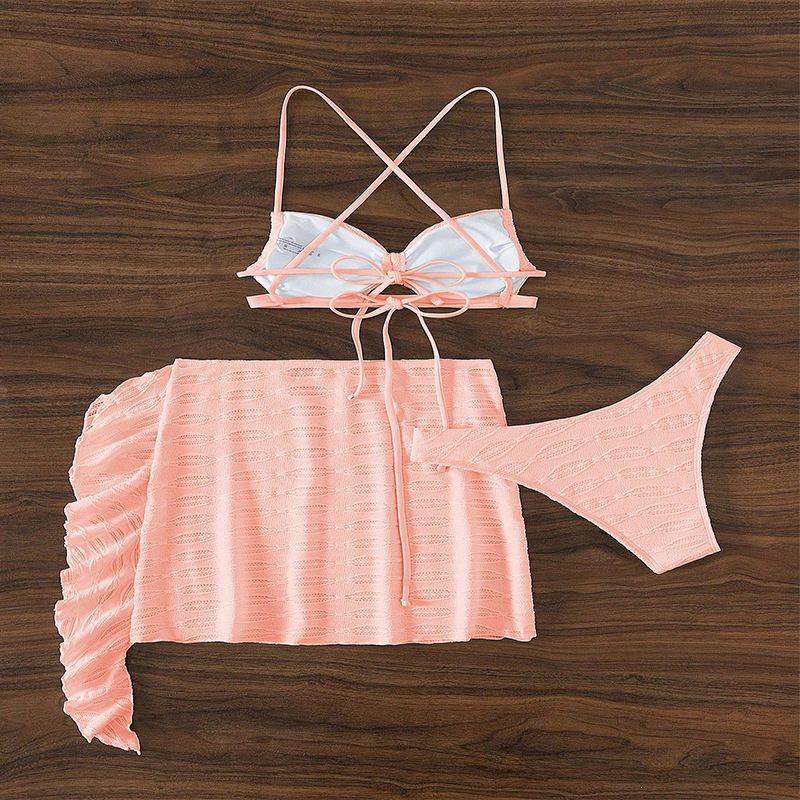 2025 Yeni Düz Renk Bağcıklı Bikini Üç Parça Plaj Etek Mayo Kadın Stili_voghion.com