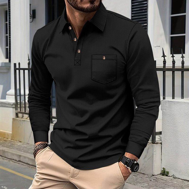 Klassisches Poloshirt aus Waffelstrick – Langarm-Knopfkragen mit Tasche (Khaki/Schwarz/Grau/Weinrot/Grün/Weiß, S-XXXL)_voghion.com