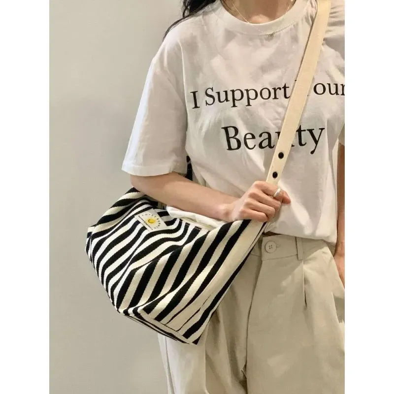 Yuxia | Capacity Striped Tote Women, Simple Fashion Shoulder For Class And Commute, Large Canvas Bag_voghion.com