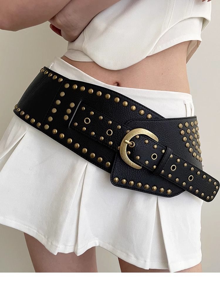 Women's Wide Belt Retro High-end Fashion All-match Decorative Fashion Dress Trendy Rivet Punk Style Belt_voghion.com