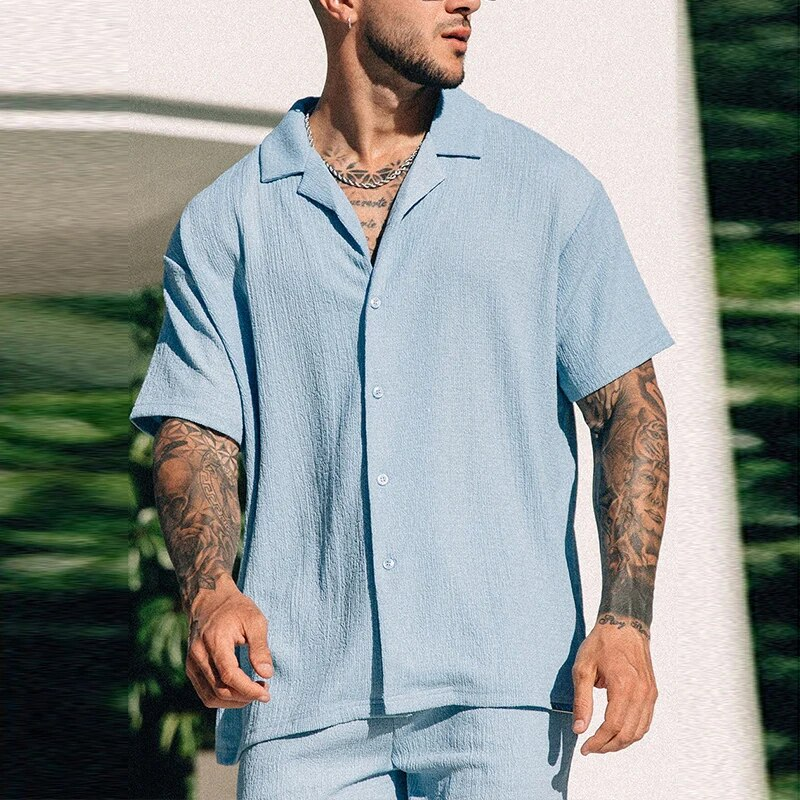 Camicie con risvolto vintage a maniche corte Camicie da uomo in due pezzi stile spiaggia estivo Camicie e pantaloncini in tinta unita adatti agli uomini_voghion.com