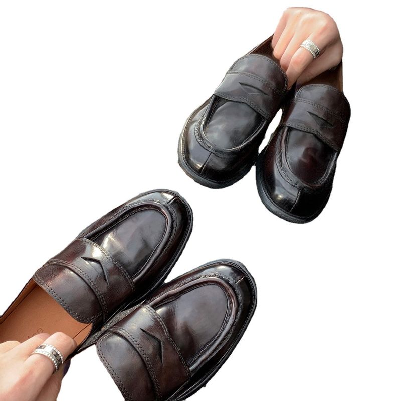 High-End Version ~ Grape Mom Same Thick-Soled Small Shoes For Women British Style Slip-On Lazy Genuine Leather Loafers_voghion.com