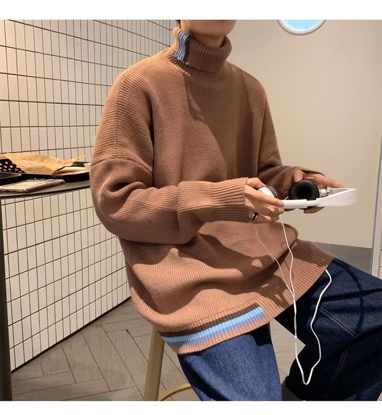 Men's Clothing Fashion color turtleneck sweater autumn and winter Hong Kong style retro all match Korean style knitted sweater warm couple tops_voghion.com