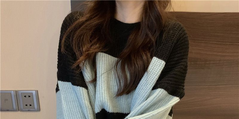 Pull à manches longues style paresseux, ample et amincissant, polyvalent, haut court en tricot à blocs de couleurs, tenue printemps-automne_voghion.com