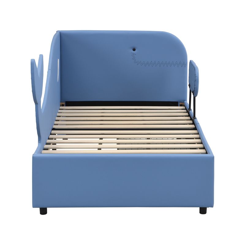 Kinder-Spleißbett, Polsterbett, Tagesbett, Walförmiges Design, Schlafsofa , 2 Schubladen Auf Rollen, PU+MDF+Sperrholz, Blu, 90x200cm_voghion.com