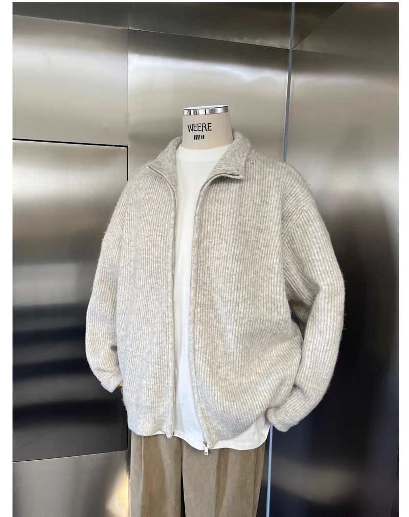 Cardigan da uomo in maglia premium con cerniera - Maglione comodo e ampio con collo alto per l'inverno, casual ed elegante (disponibile in grigio chiaro e nero)_voghion.com