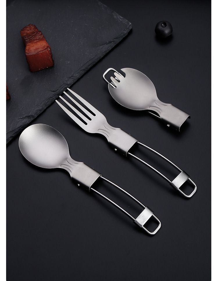 Easter‘s Day Dinnerware Pure Titanium Folding Spoon Outdoor Camping Household Salad Fork Titanium Alloy Fork Picnic Folding Tableware Three Piece Set_voghion.com