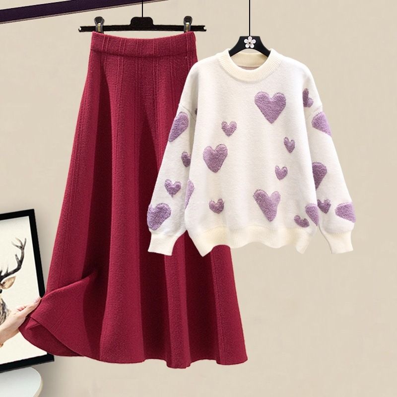 Ensemble printemps grande taille : pull en tricot douillet et jupe mi-longue slim, deux pièces décontractées pour femme (blanc/rouge/violet, S-3XL)_voghion.com