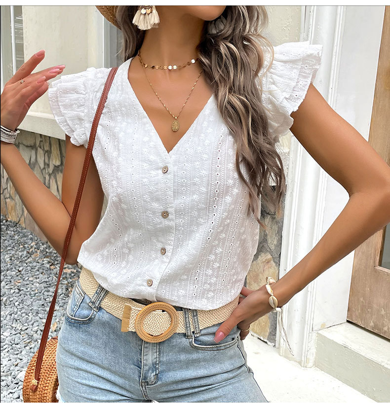 Camisa casual de algodón con cuello en V blanca_voghion.com