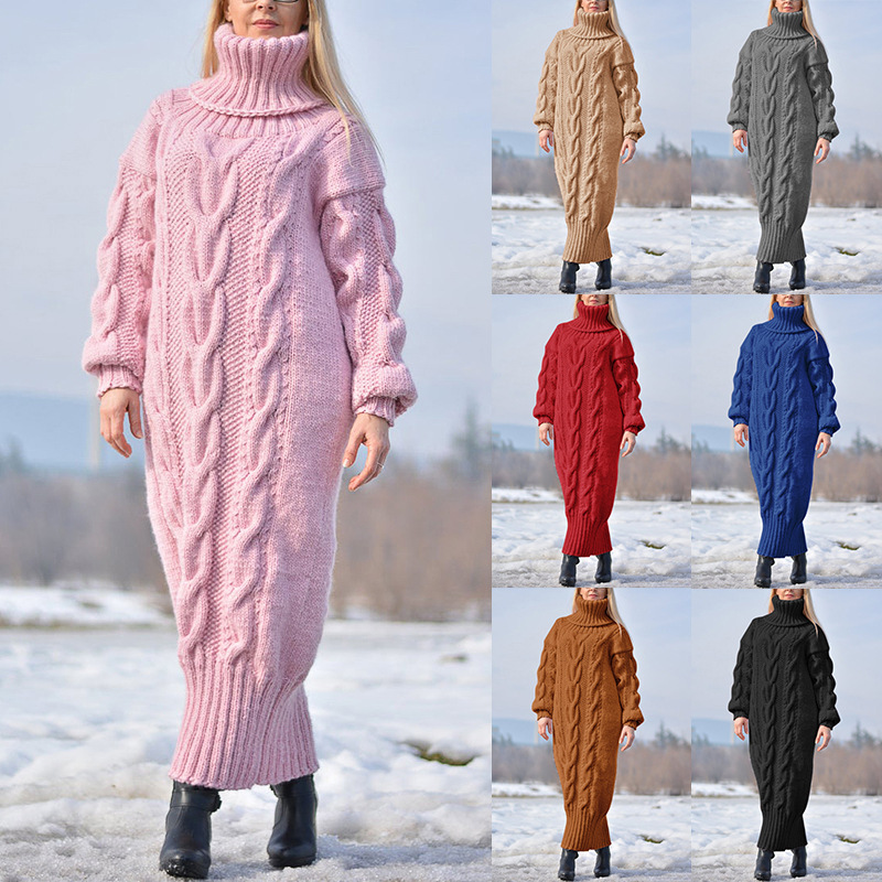 Damenbekleidung Herbst und Winter neuer einfarbiger Pullover mit hohem Kragen, Zopfmuster, locker gestrickter Pullover, Pendlerpullover mit langem Rock_voghion.com