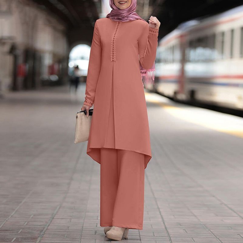 Modern muslimsk damoutfit i två delar - Långärmad spetstopp och enfärgade byxor för vår/höst_voghion.com
