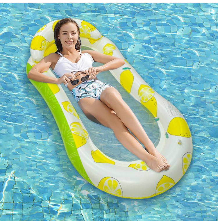 Sillón inflable premium en forma de 8 con malla transpirable y soporte para el cuello (PVC ecológico, tamaño único, para piscina/playa, diseño con estampado de limones)_voghion.com