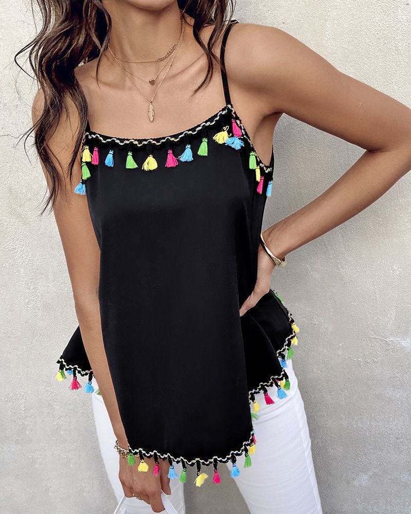 Trendy Fringe Trim Sleeveless Top For Women - Lightweight Polyester, Elegant & Stylish, Boho Chic, Versatile Casual Wear_voghion.com