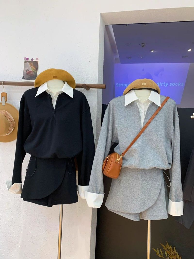 Autumn Layered Look Set – Mock Two-Piece Polo Sweatshirt & Asymmetrical Skort (S-2XL, Polyester Blend, Office-to-Outing Versatility)_voghion.com