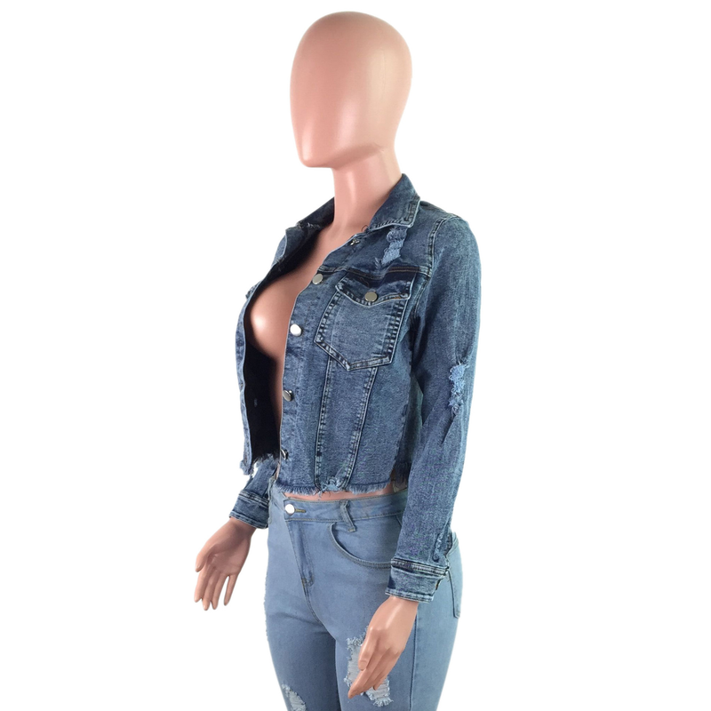 Damenmode-Persönlichkeit, zerrissene Fransen, kurze Vintage-Langarmjacke, Jeansjacke_voghion.com